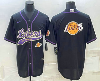 Mens Los Angeles Lakers Black Team Big Logo With Patch Cool Base Stitched Baseball Jersey